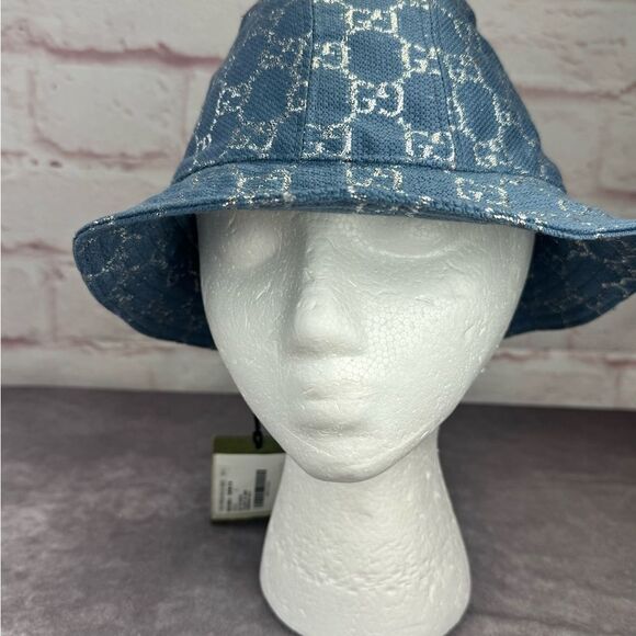 Gucci NWT Canvas Lame GG Monogram Bucket Hat Small Light Blue Silver - Picture 4 of 11